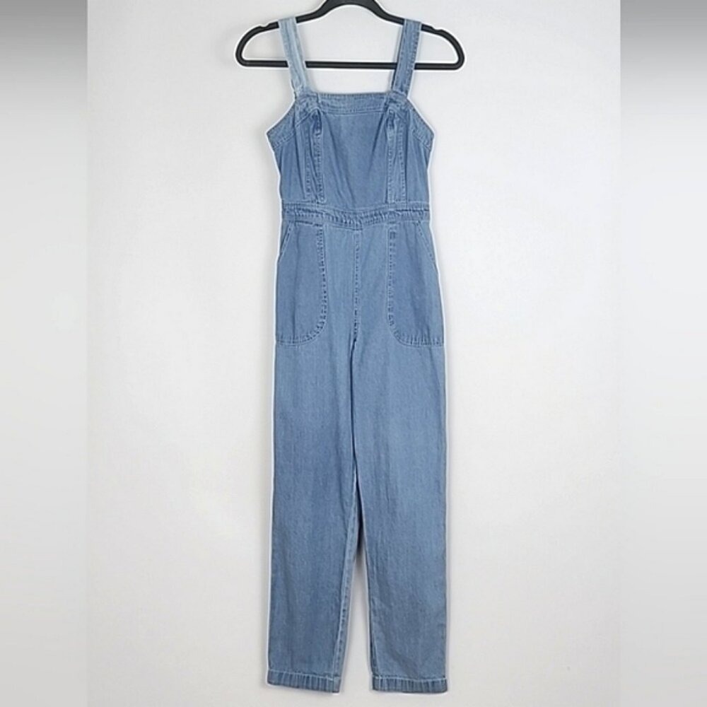 Japna Light Wash Denim Chambray Smocked Back Jumpsuit Small